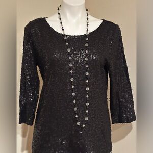 CALVIN KLEIN Black Festive Sequence Boat Neck 3/4th Sleeves Blouse Sz L